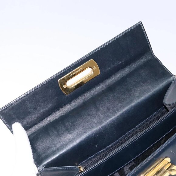 Salvatore Ferragamo Gancini Hand Bag Leather 2way Navy Gold Auth - Picture 14 of 16